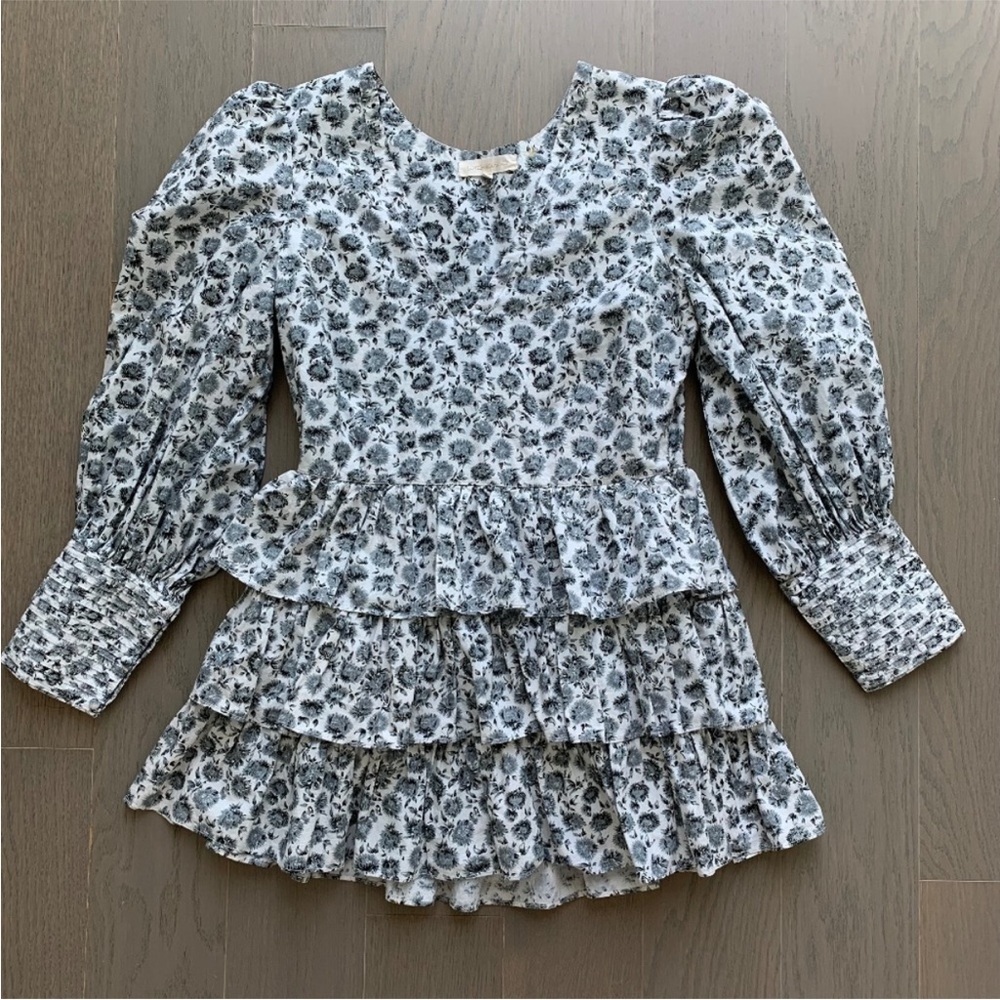 LoveShackFancy Paris Grey Floral Ruffle Tiered Long Puff Sleeve Mini Dress Sz 6 - Picture 8 of 15